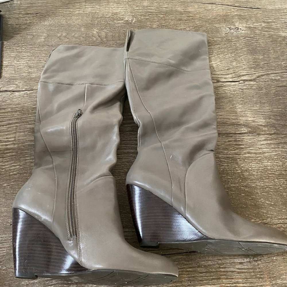Knee high grey boots with wedge heel